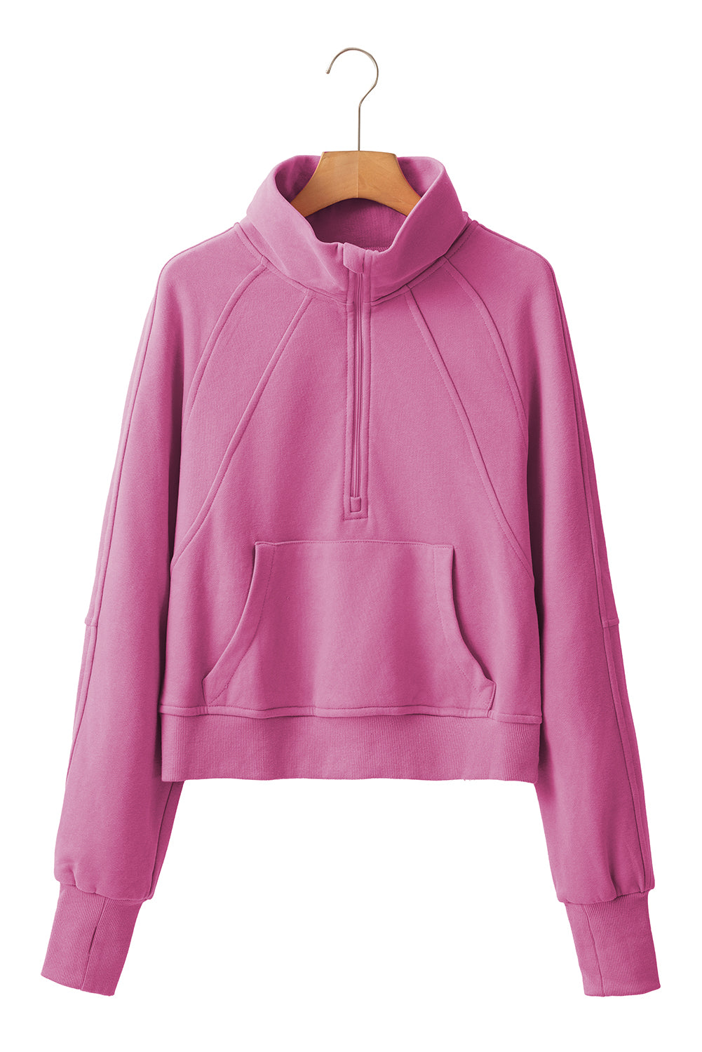 Brown Zip Up Stand Collar Thumbhole Sleeve Sweatshirt - Cowaa