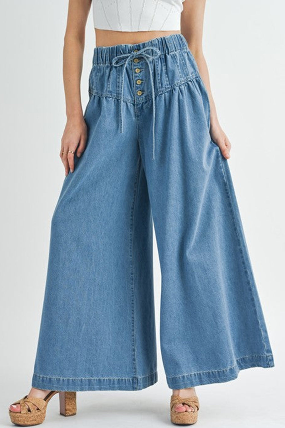 Dusk Blue Mineral Wash Button High Waist Wide Leg Jeans - Cowaa