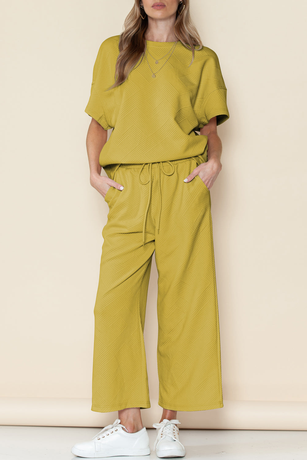 Navy Blue Textured Loose Fit T Shirt and Drawstring Pants Set - Cowaa
