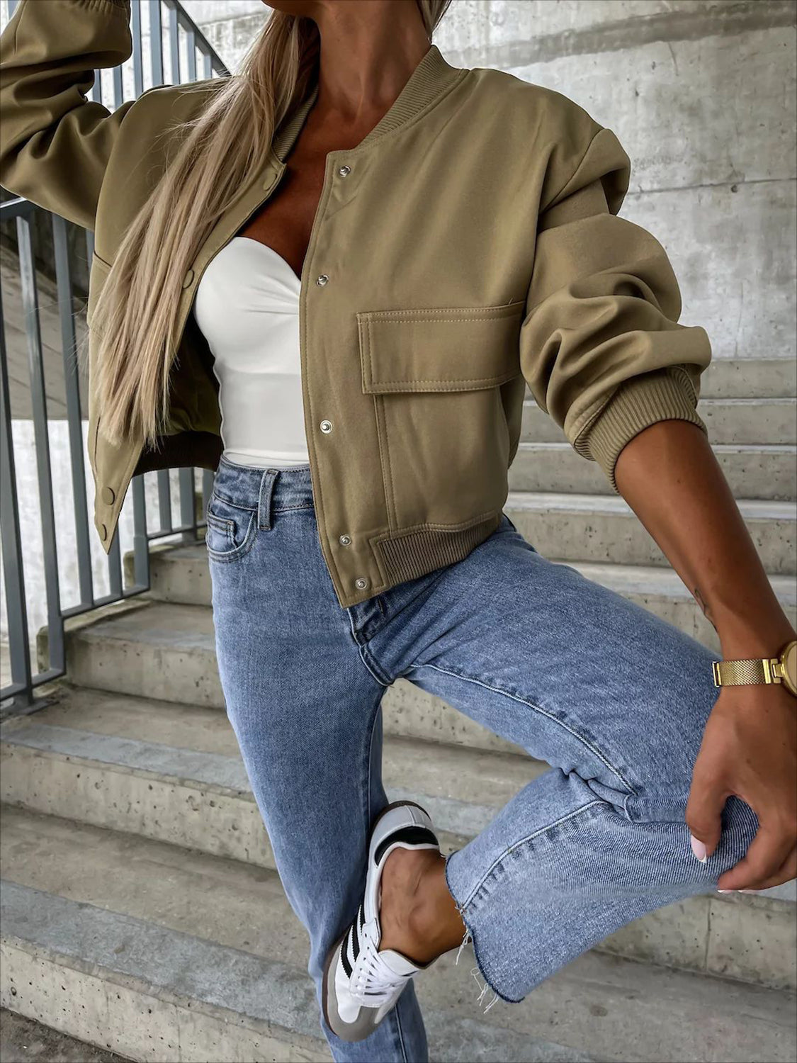 Baseball Collar Dropped Shoulder Jacket - Cowaa