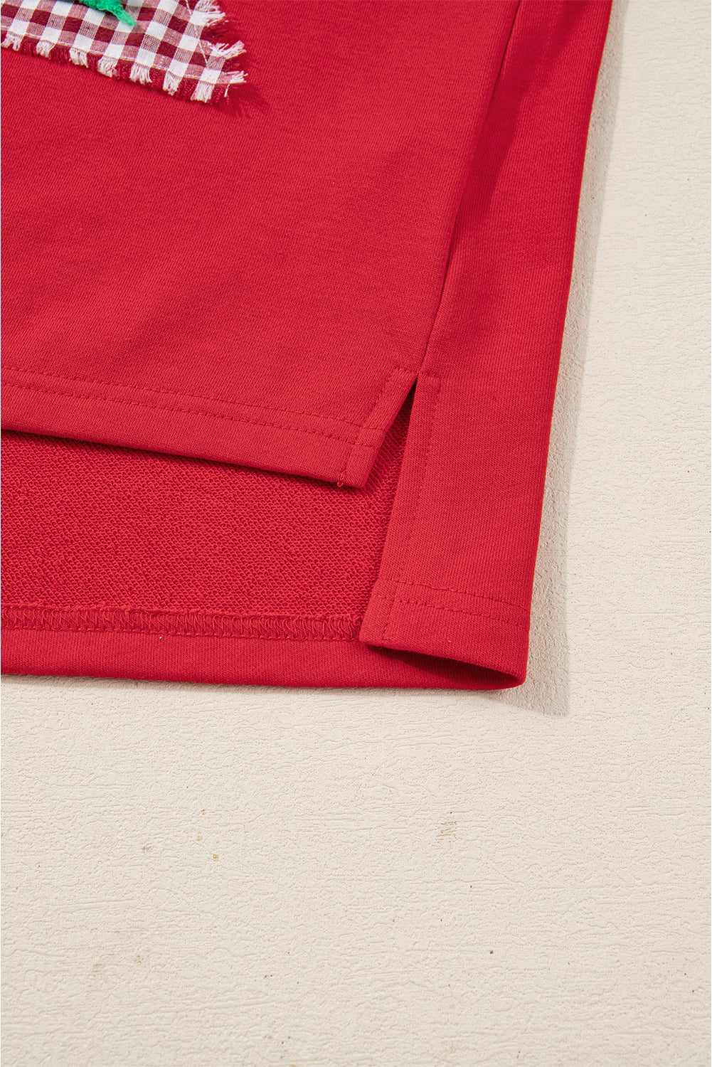 Fiery Red Plaid Frayed Double Christmas Tree Patched Drop Shoulder Sweatshirt - Cowaa