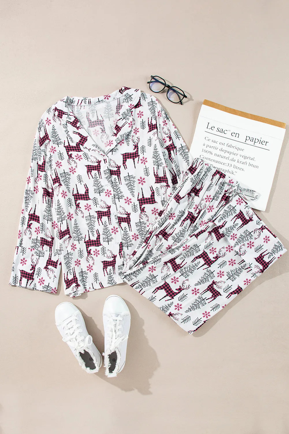 Printed Long Sleeve Top and Drawstring Pants Lounge Set - Cowaa
