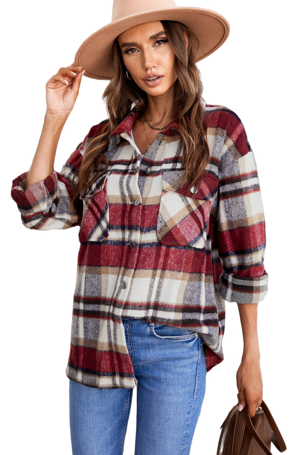 Plaid Button Front Pocket Shirt Shacket - Cowaa