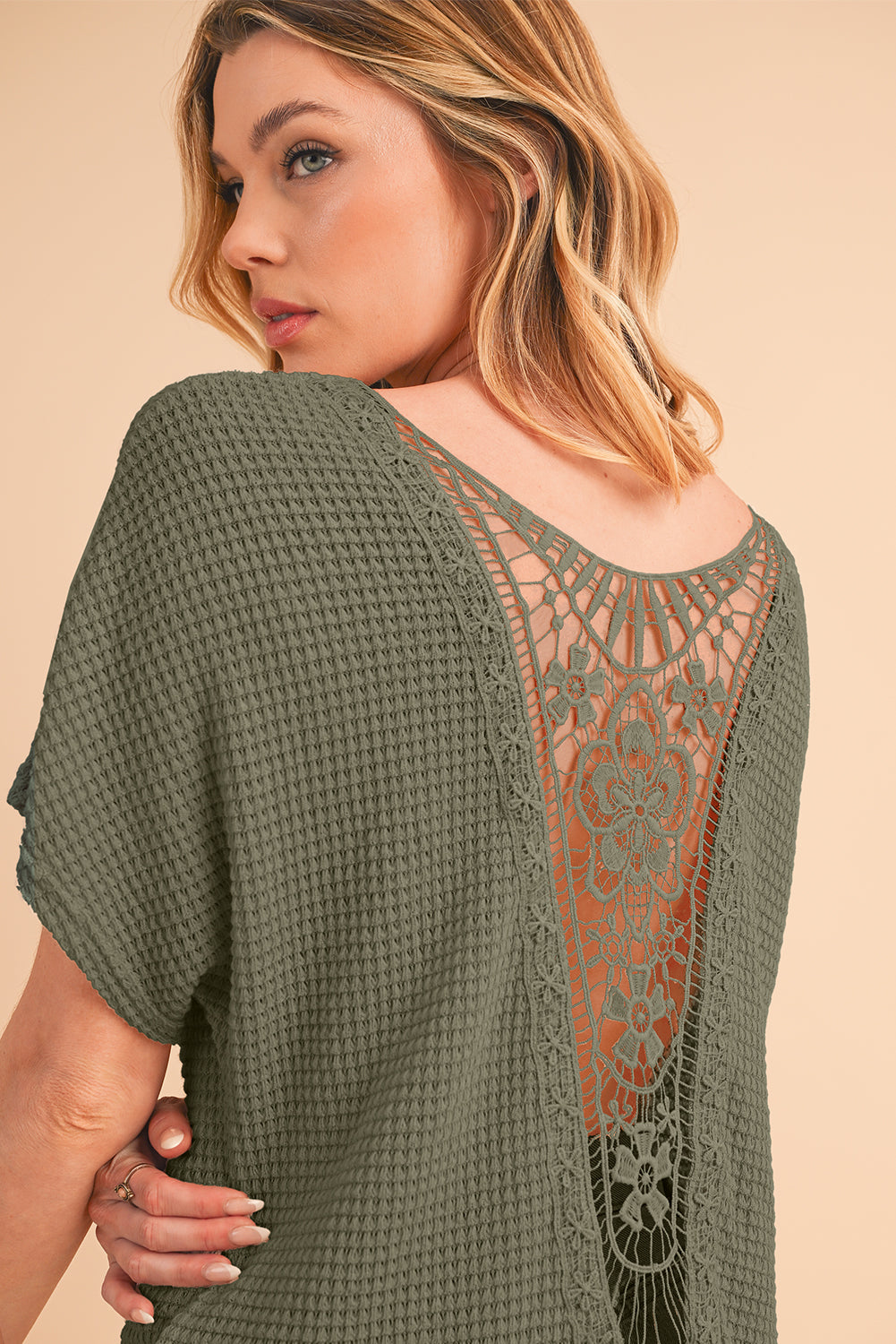 Oatmeal Guipure Lace Splicing Back Waffle Textured T-shirt - Cowaa
