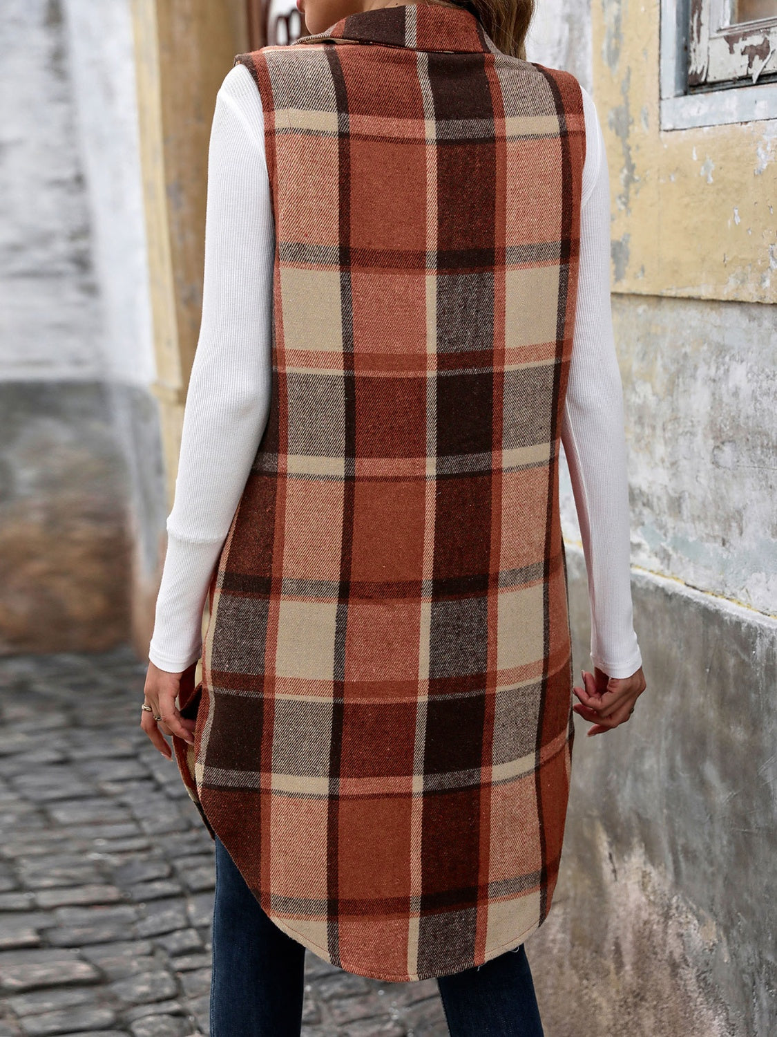 Pocketed Button Up Plaid Vest - Cowaa