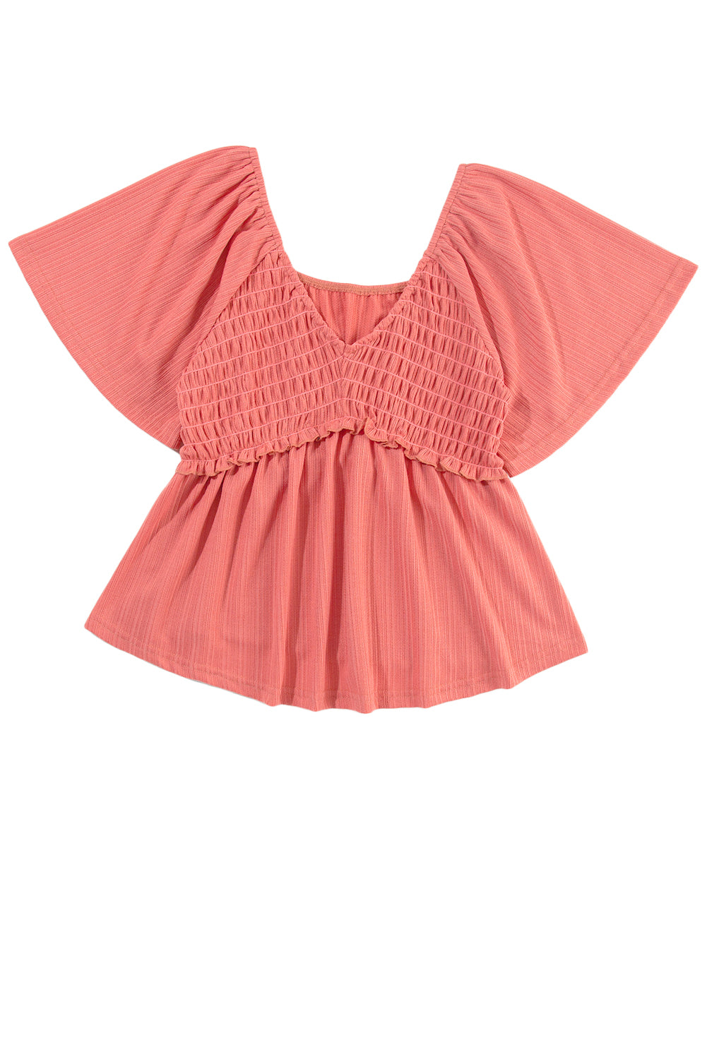 Oatmeal Shirred V Neck Short Flutter Sleeve Textured Blouse - Cowaa