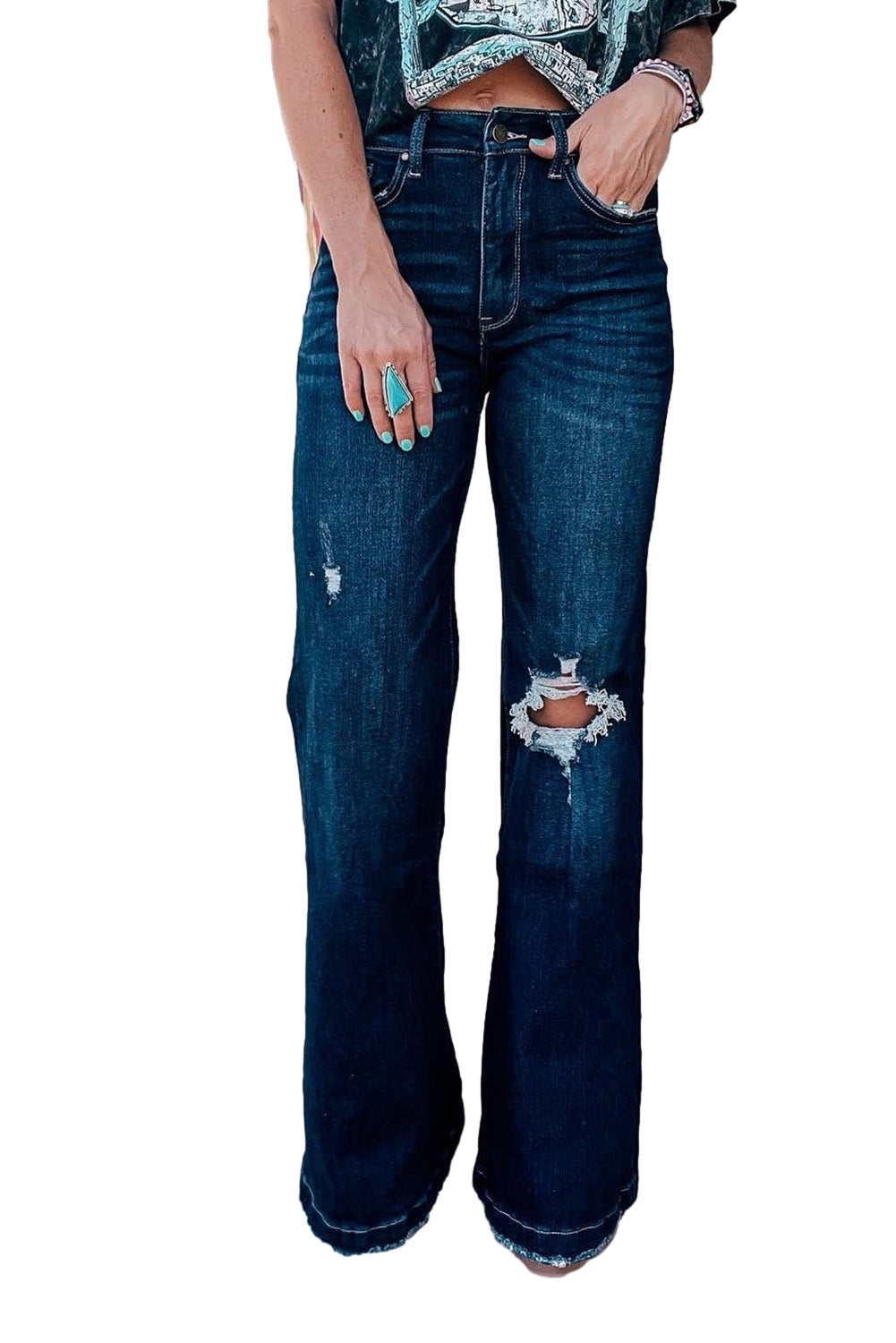 Real Teal High Rise Ripped Bell Bottom Jeans - Cowaa
