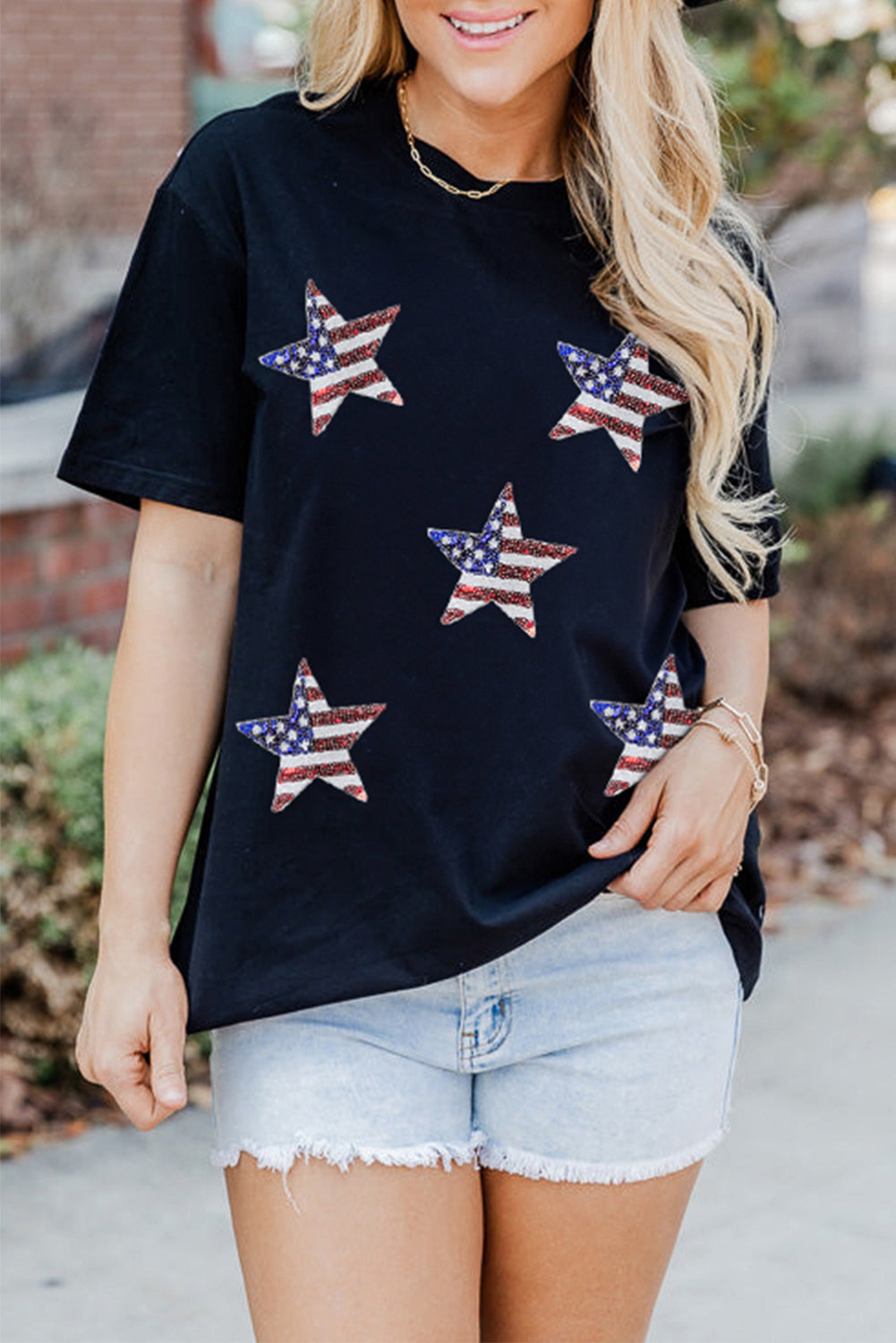 Sequin American Flag Star Graphic T Shirt - Cowaa