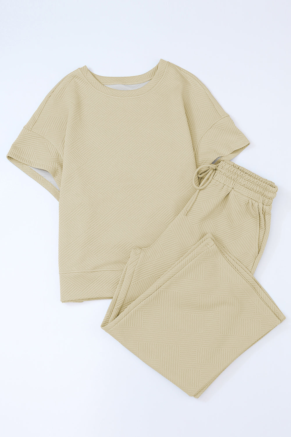 Navy Blue Textured Loose Fit T Shirt and Drawstring Pants Set - Cowaa
