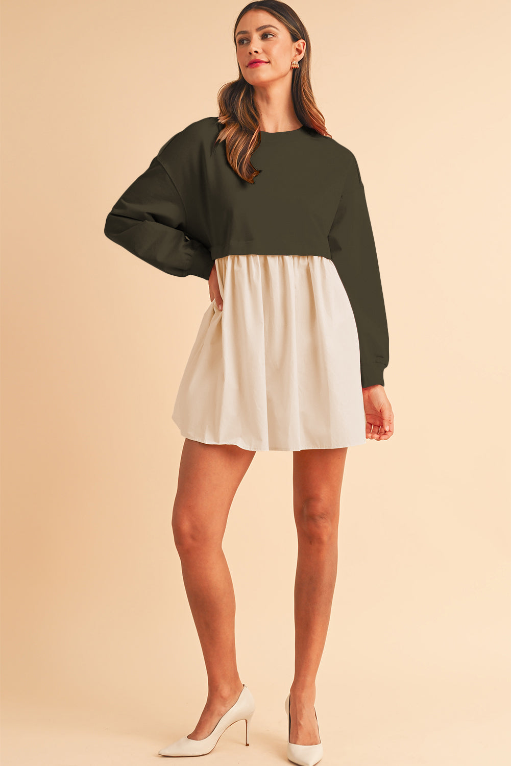Khaki Sweatshirt 2-in-1 Flowy Pleated Mini Dress - Cowaa