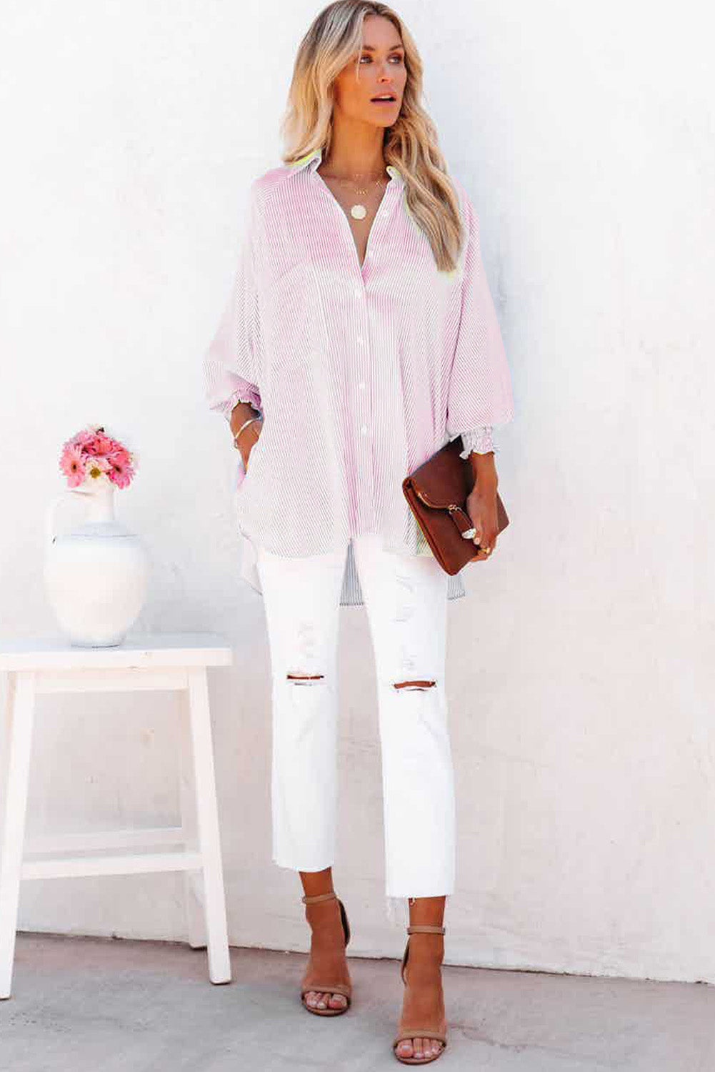 Black Striped Casual Shirred Cuffs Shirt - Cowaa