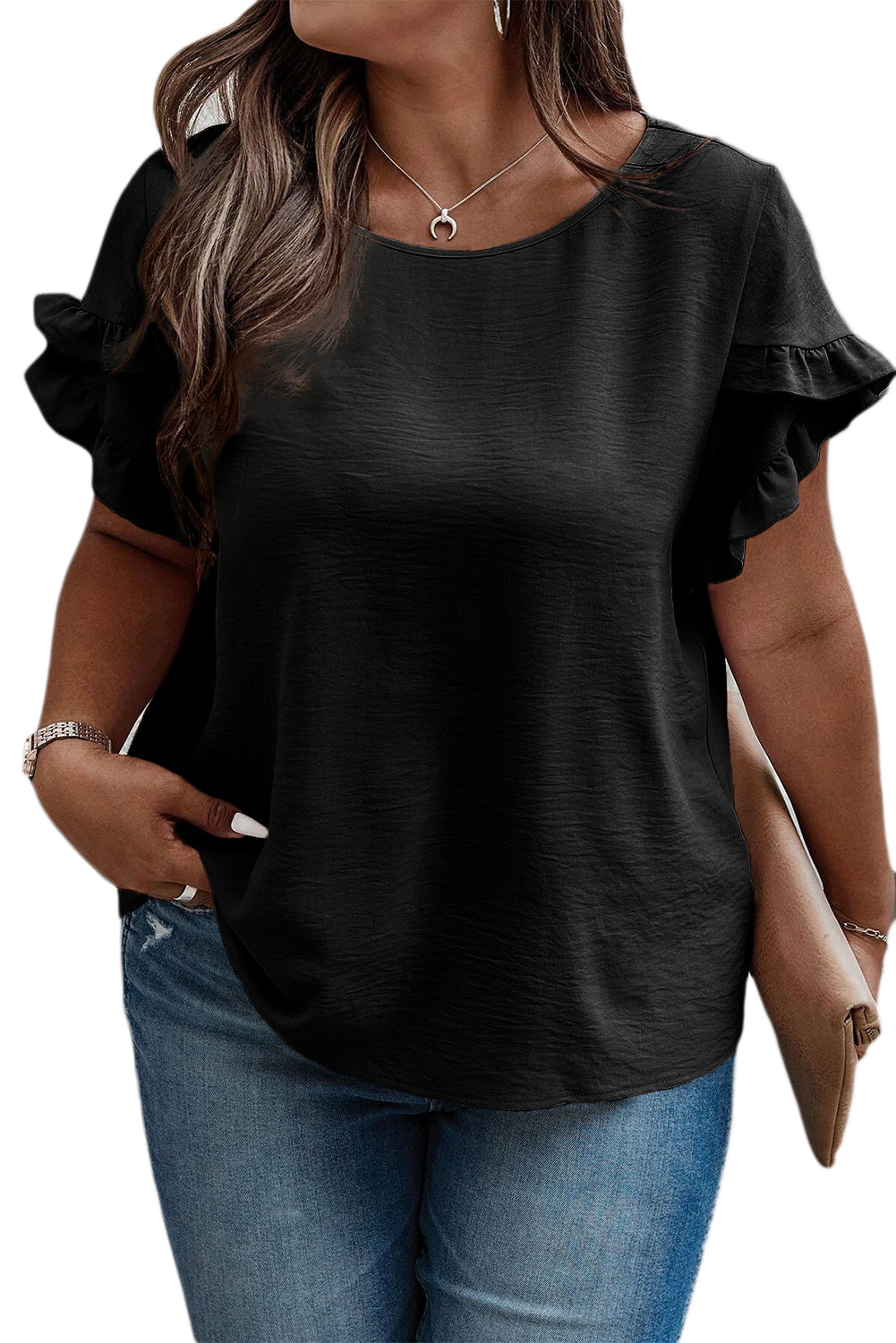 Black Ruffled Short Sleeve Plus Size Top - Cowaa