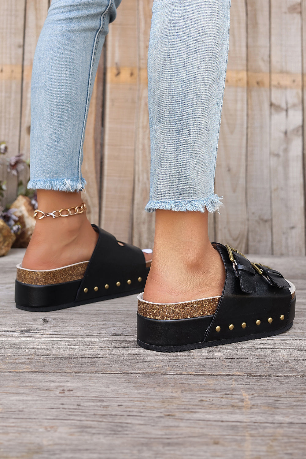 Chestnut Dual Buckle Studded Vintage Platform Sandals - Cowaa