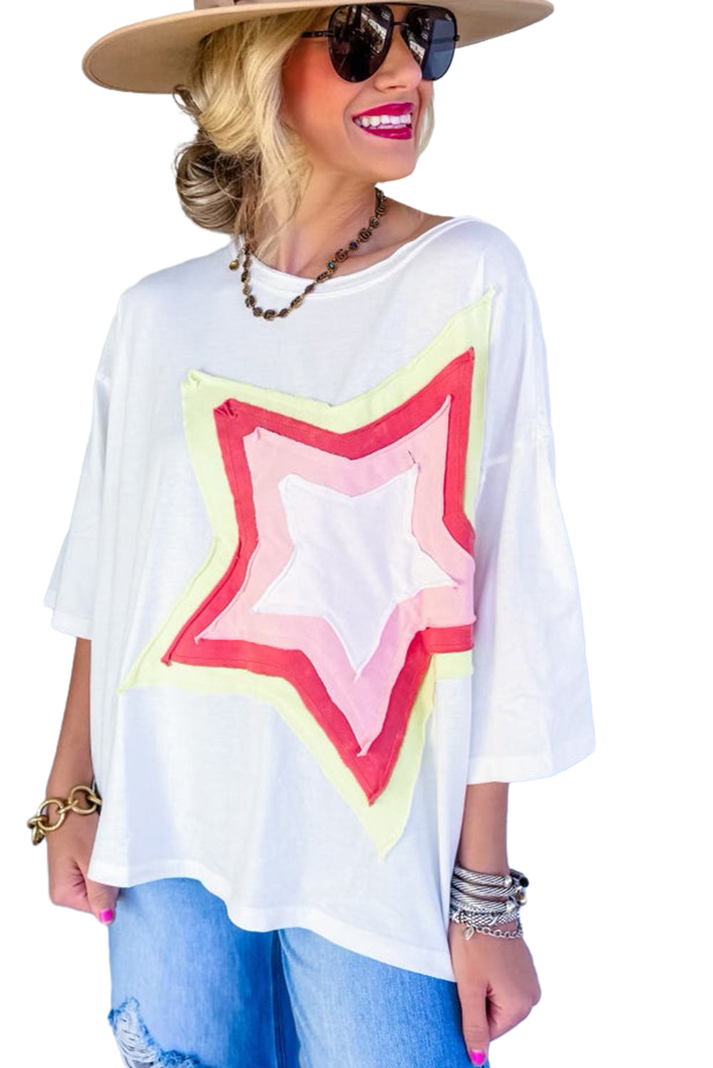 White Colorblock Star Patched Half Sleeve Oversized Tee - Cowaa