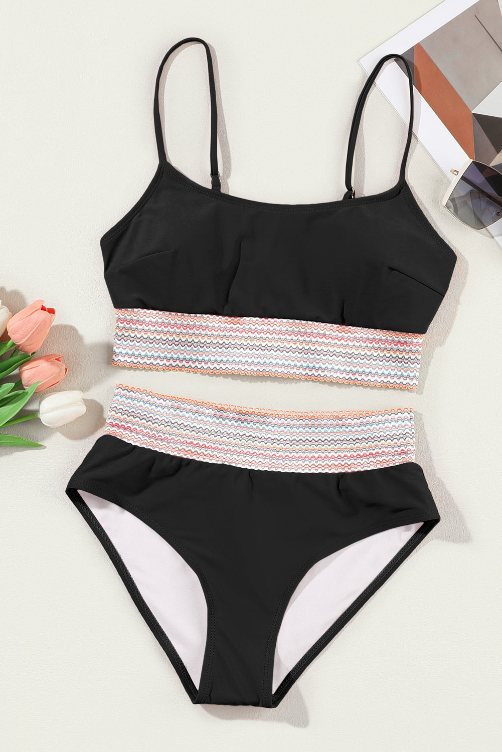 Black Striped Patchwork Spaghetti Strap High Waist Bikini Set - Cowaa