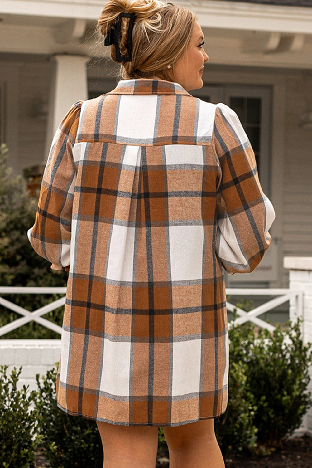 Khaki Plus Size Plaid Flounce Sleeve Button up Shirt Dress - Cowaa
