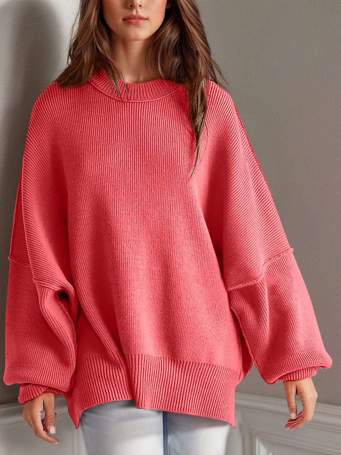 Double Take Side Slit Round Neck Long Sleeve Sweater - Cowaa