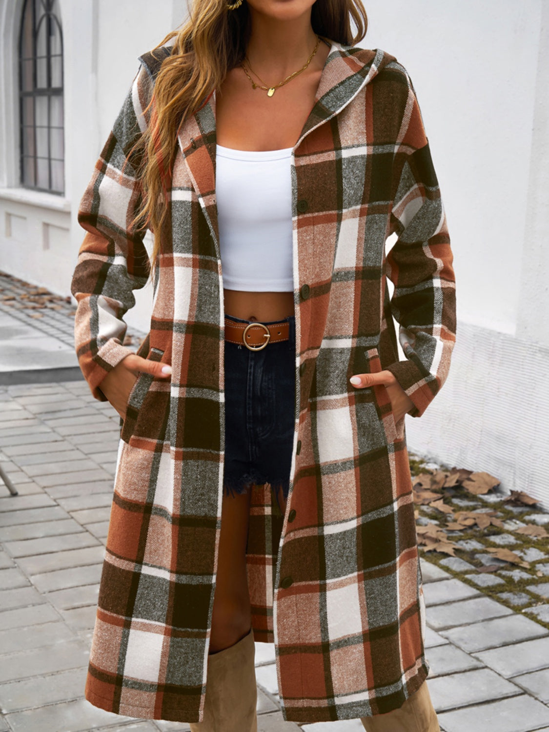 Devine Plaid Long Sleeve Hooded Coat - Cowaa