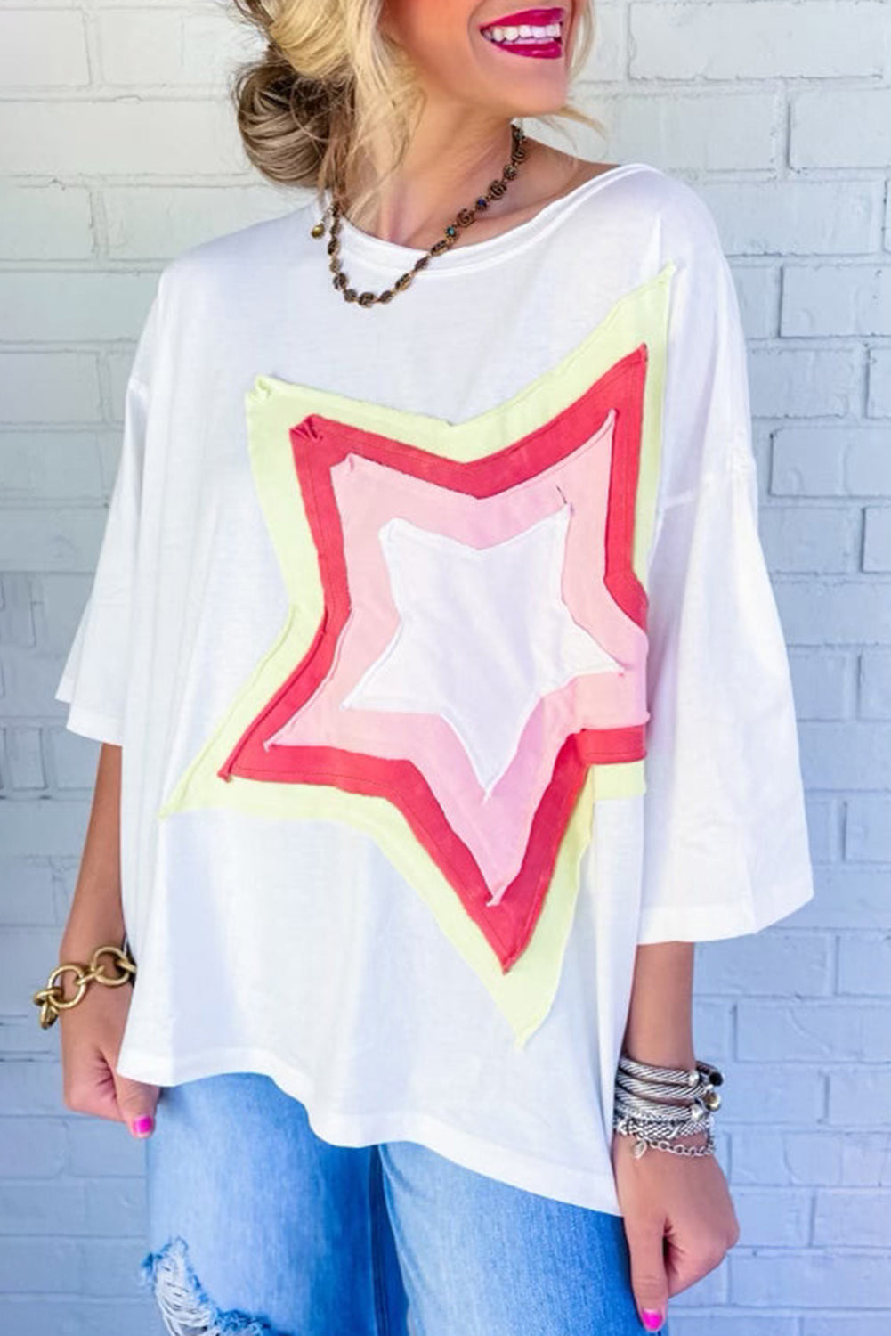 White Colorblock Star Patched Half Sleeve Oversized Tee - Cowaa