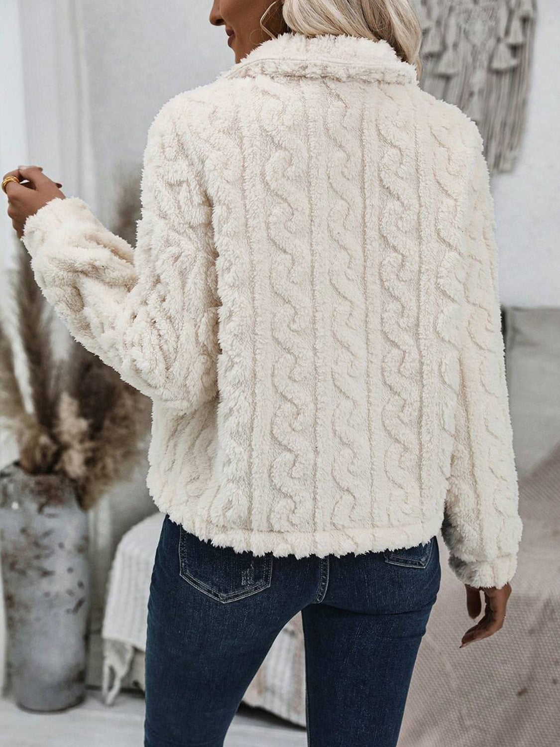 Cream Fuzzy Button Up Collared Neck Jacket