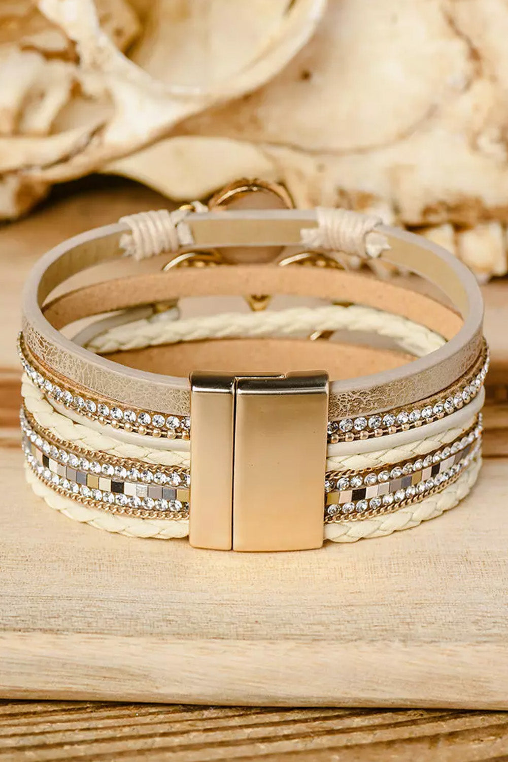 Beige Bohemian Heart Rhinestone Magnetic Buckle Bracelet - Cowaa