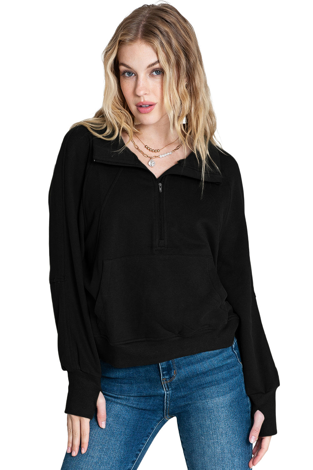 Brown Zip Up Stand Collar Thumbhole Sleeve Sweatshirt - Cowaa