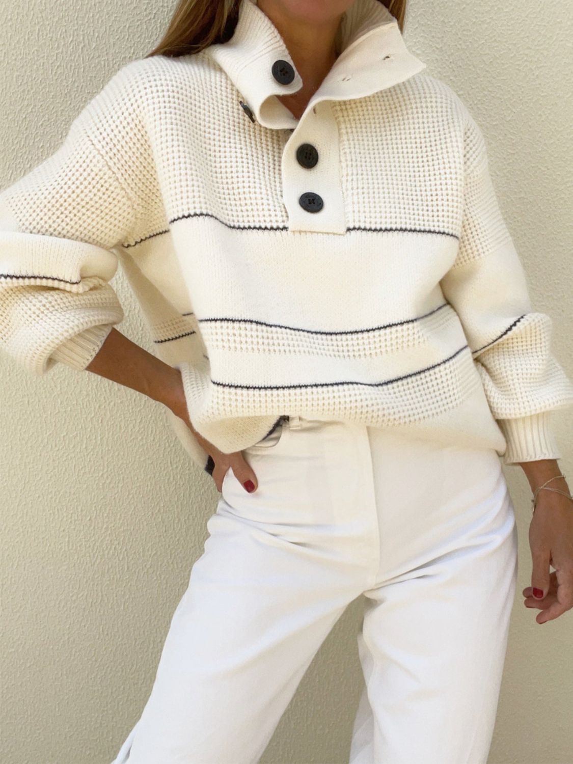 Cream Waffle-Knit Half Button Long Sleeve Sweater