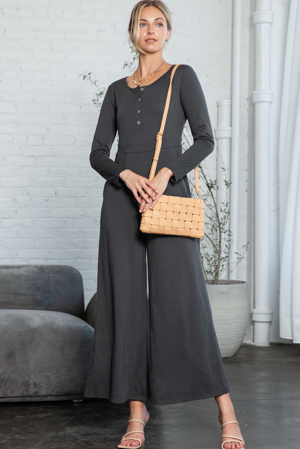 Dark Grey Henley Long Sleeve Wide Leg Jumpsuit with Pockets - Cowaa
