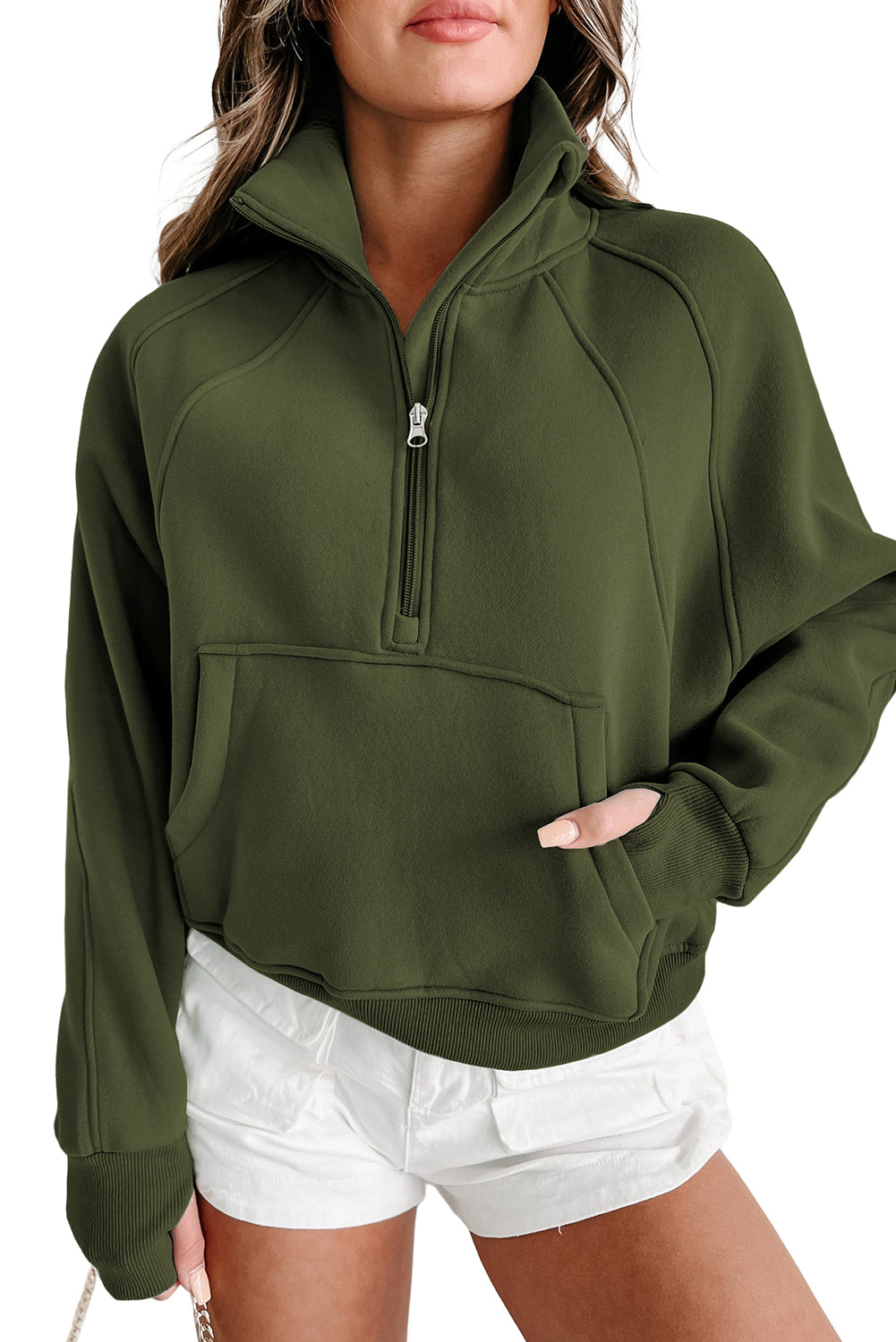 Brown Zip Up Stand Collar Thumbhole Sleeve Sweatshirt - Cowaa