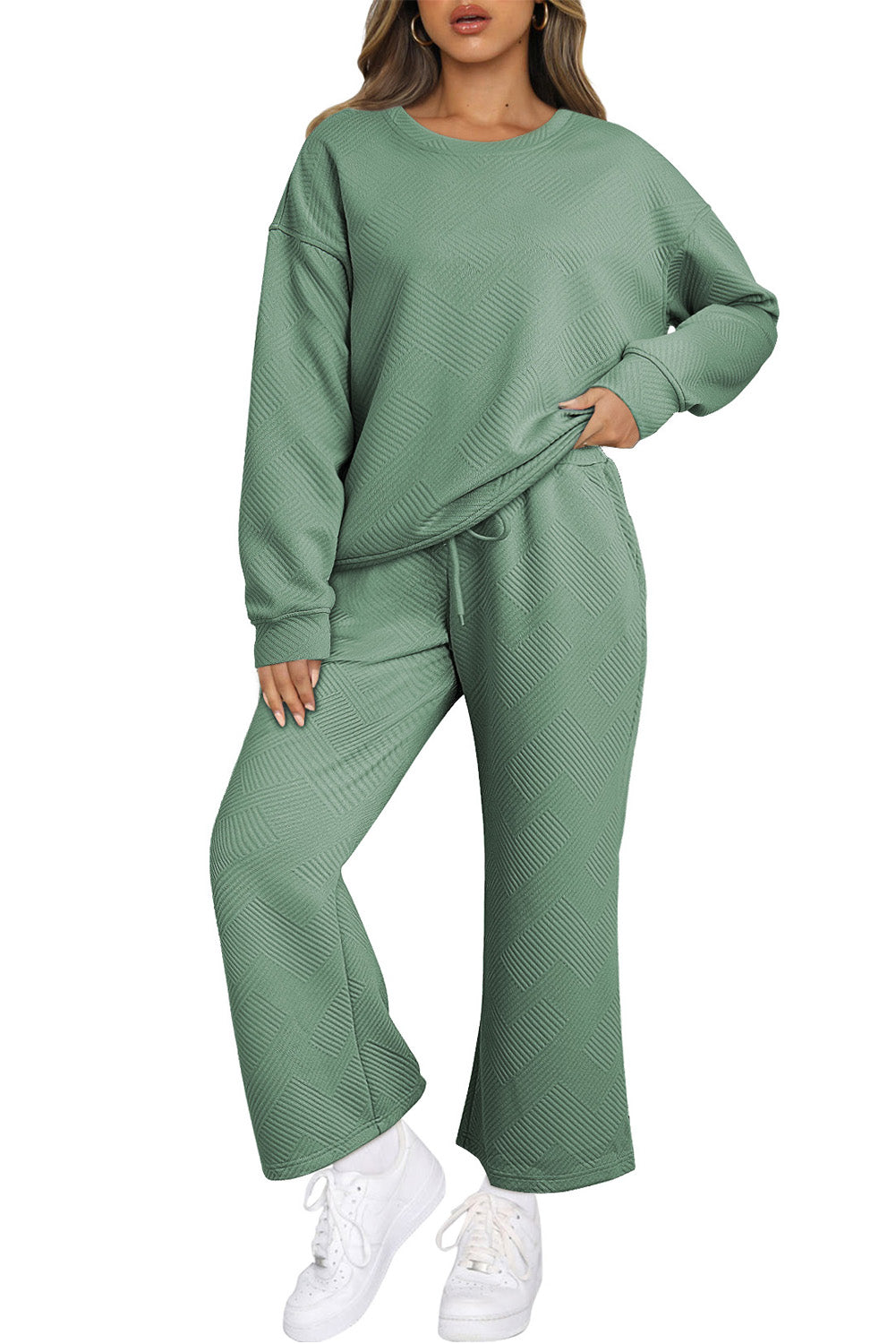 Strawberry Pink Textured Loose Slouchy Long Sleeve Top and Pants Set - Cowaa