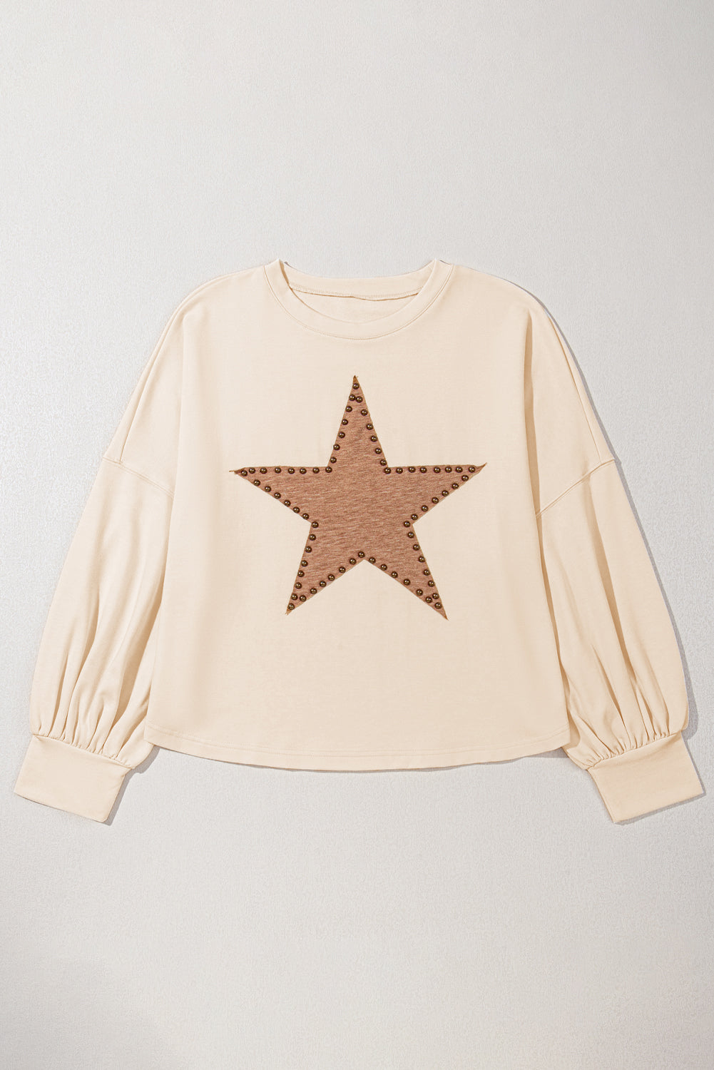 Beige Star Shape Studded Crew Neck Plus Size T Shirt - Cowaa
