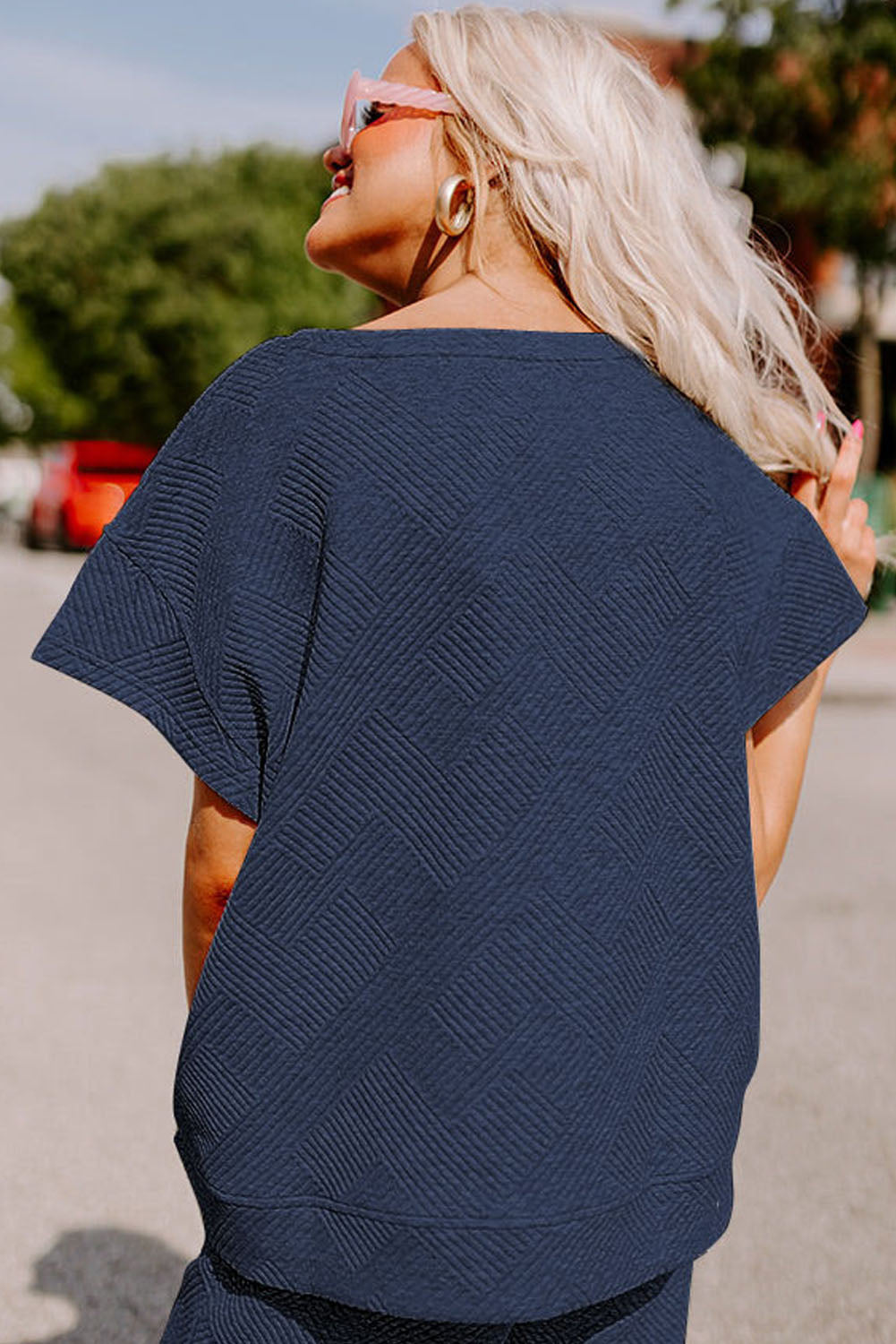 Navy Blue Textured Loose Fit T Shirt and Drawstring Pants Set - Cowaa
