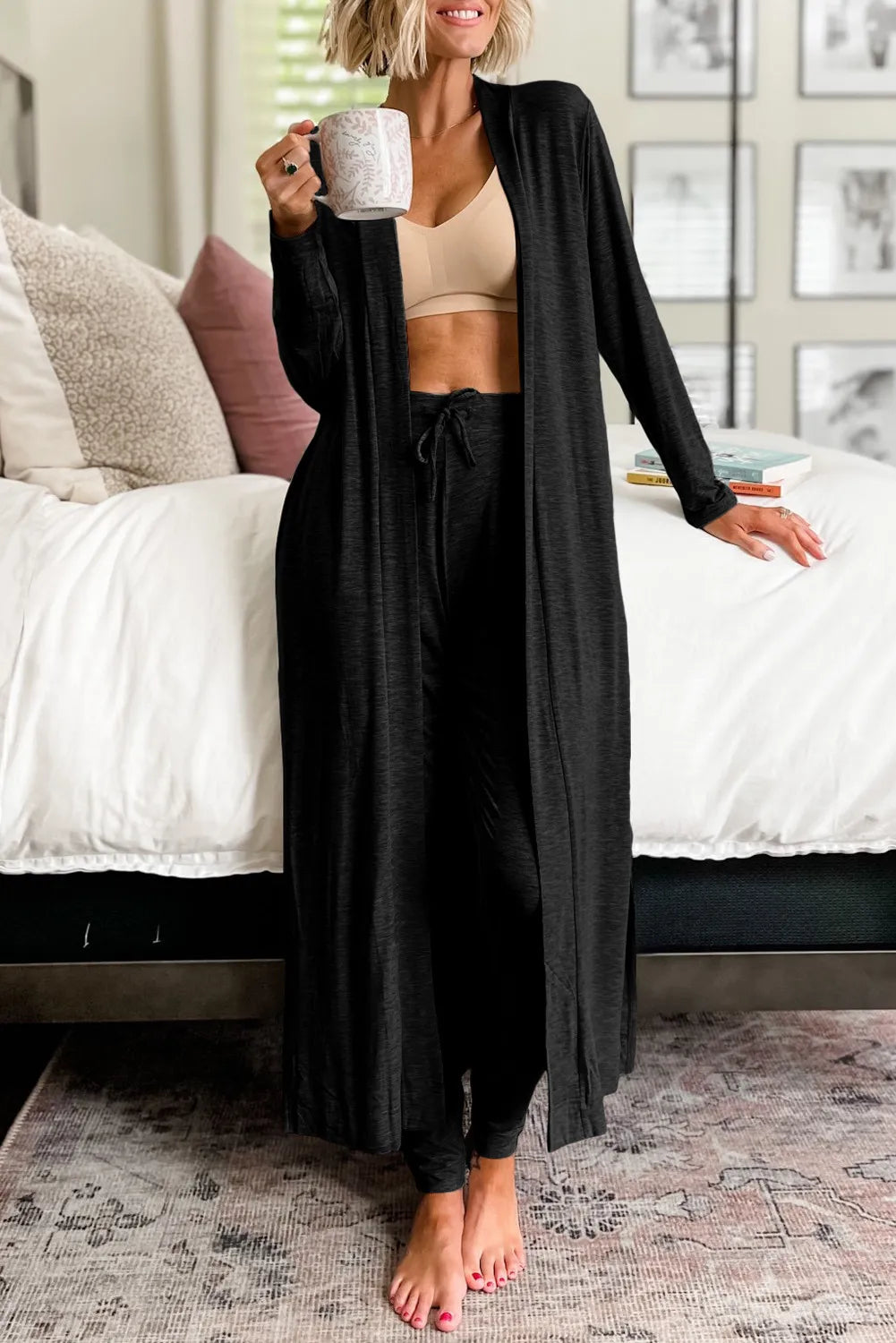 Open Front Long Sleeve Cardigan and Pants Lounge Set - Cowaa