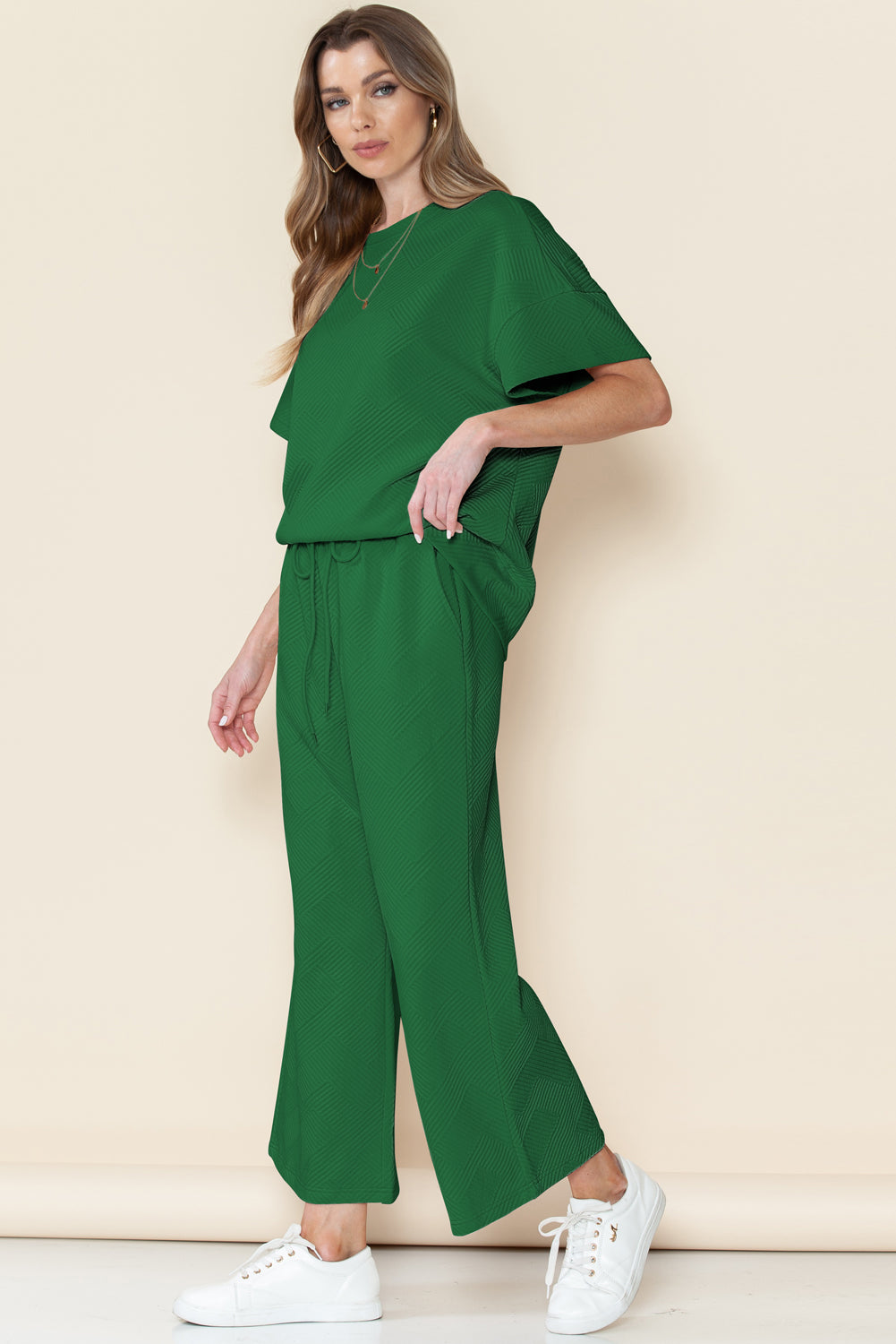 Navy Blue Textured Loose Fit T Shirt and Drawstring Pants Set - Cowaa