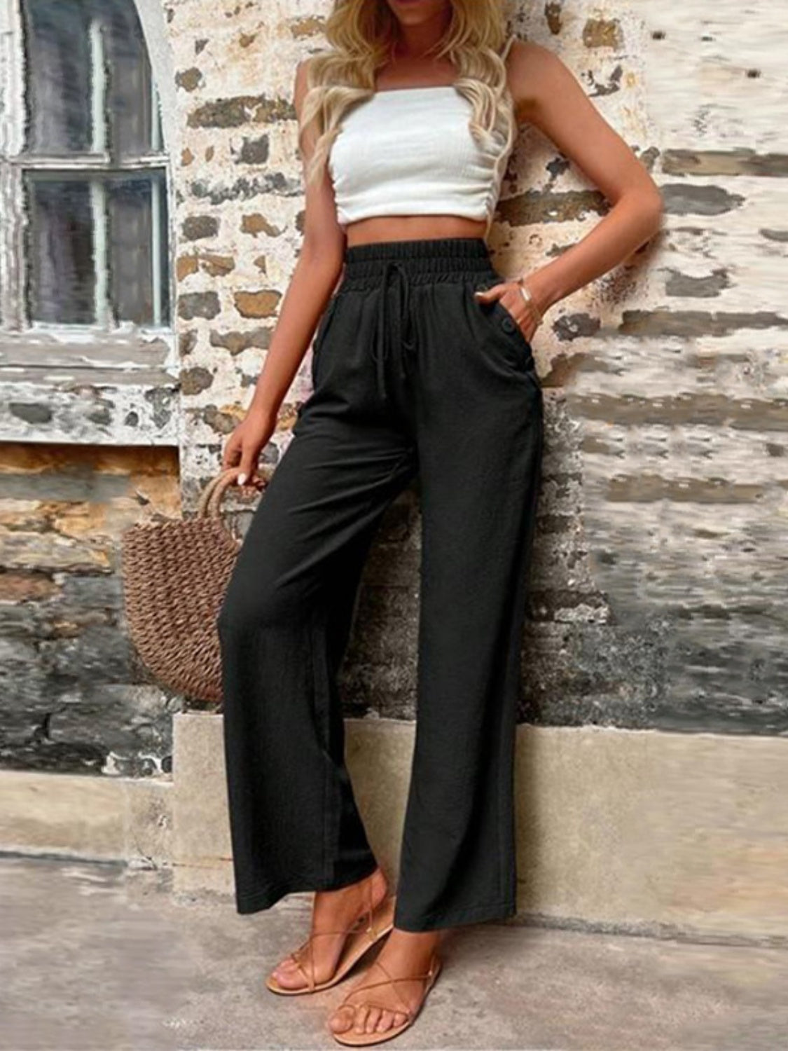 Tied High Waist Wide Leg Pants with Pockets - Cowaa
