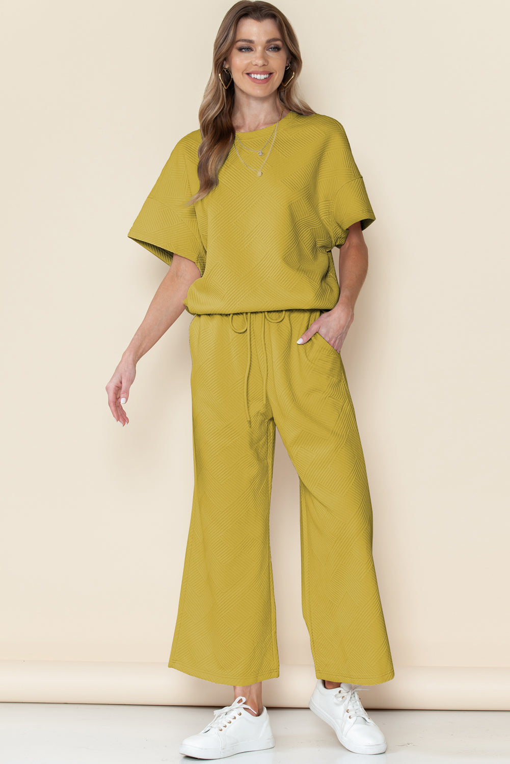 Navy Blue Textured Loose Fit T Shirt and Drawstring Pants Set - Cowaa