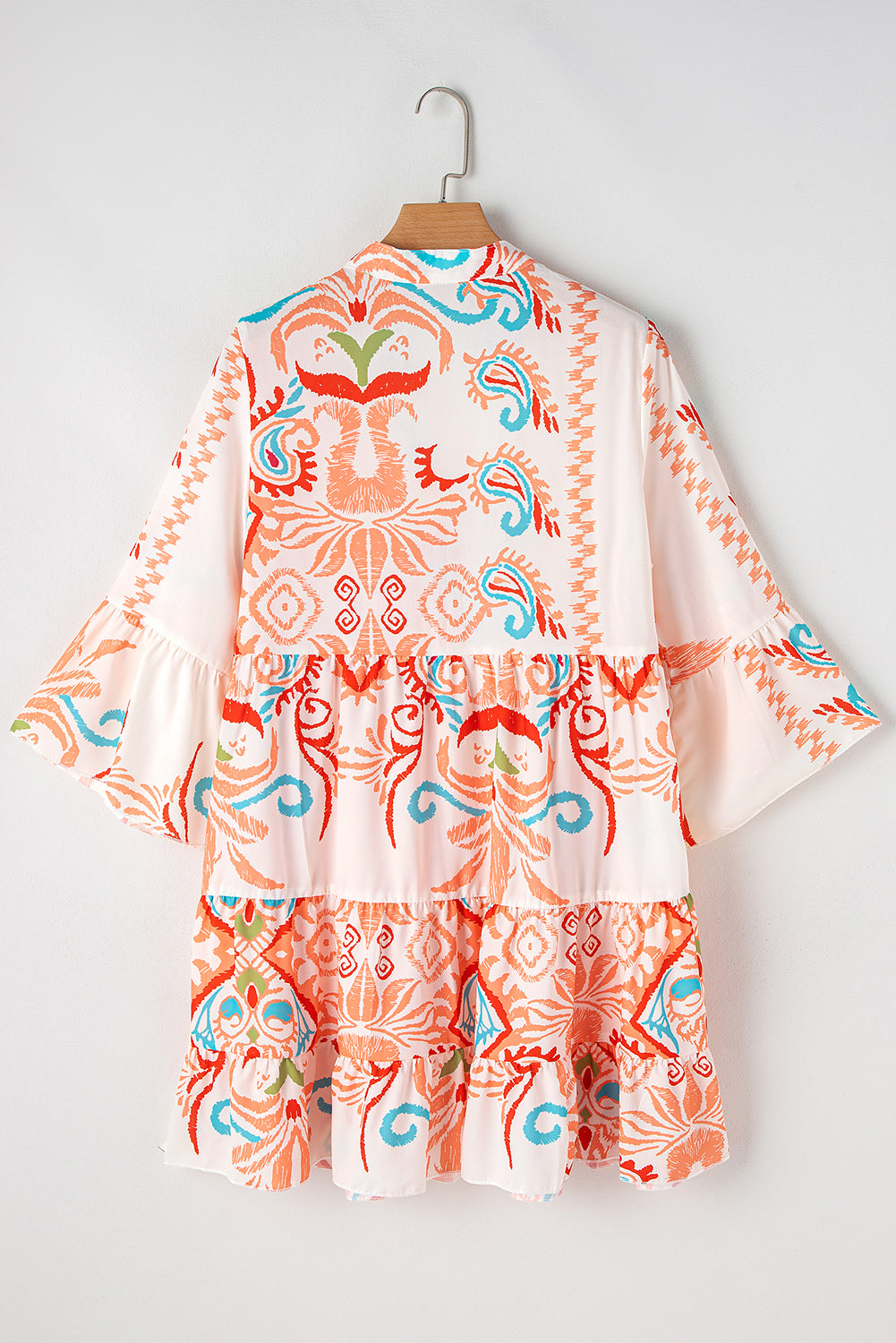 White Ethnic Print Boho Button Tiered Mini Dress - Cowaa