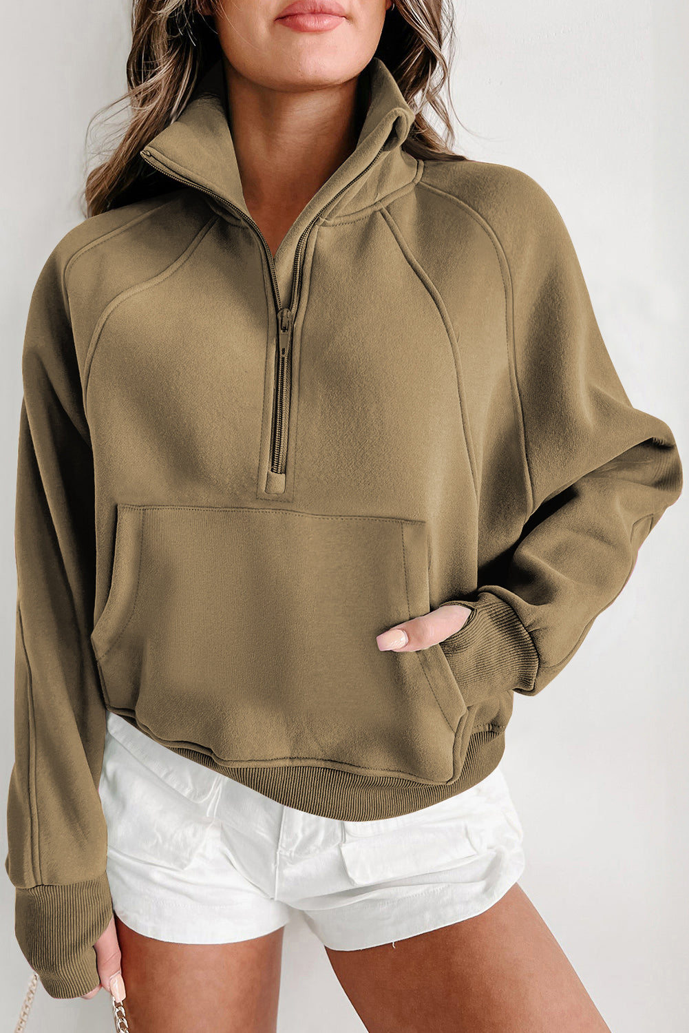 Brown Zip Up Stand Collar Thumbhole Sleeve Sweatshirt - Cowaa