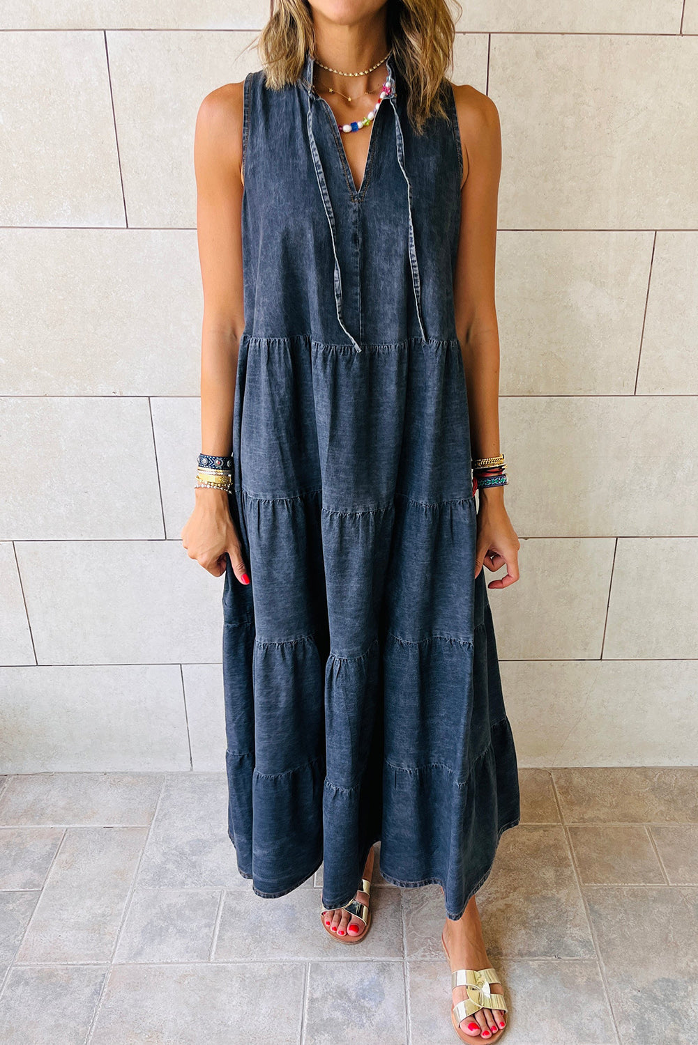 Real Teal Sleeveless Tiered Chambray Maxi Dress - Cowaa