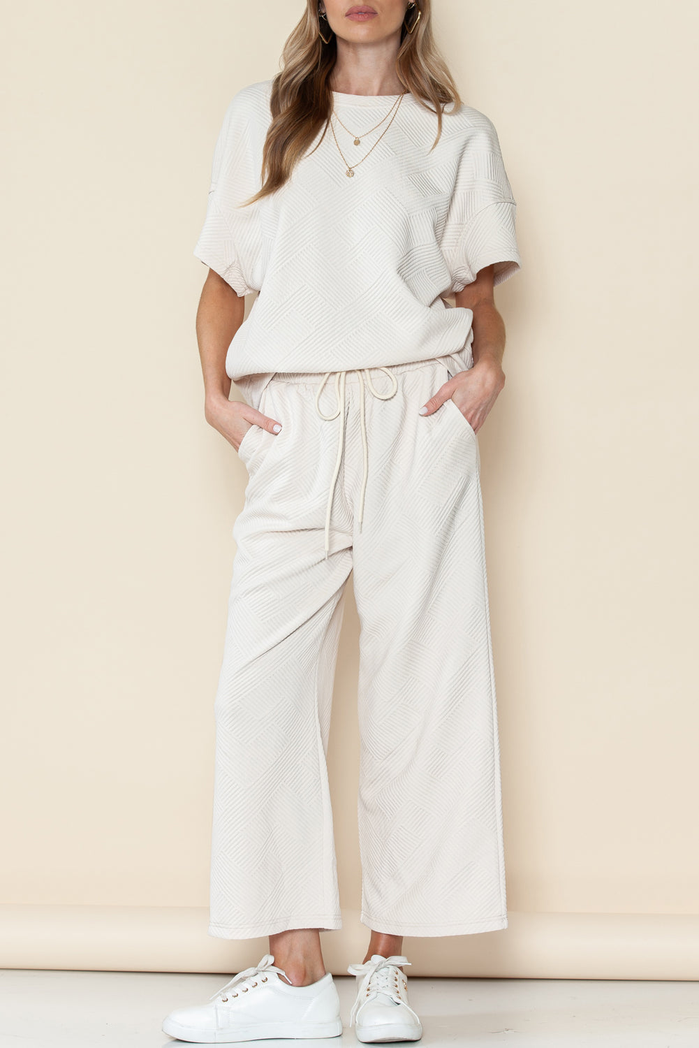 Navy Blue Textured Loose Fit T Shirt and Drawstring Pants Set - Cowaa