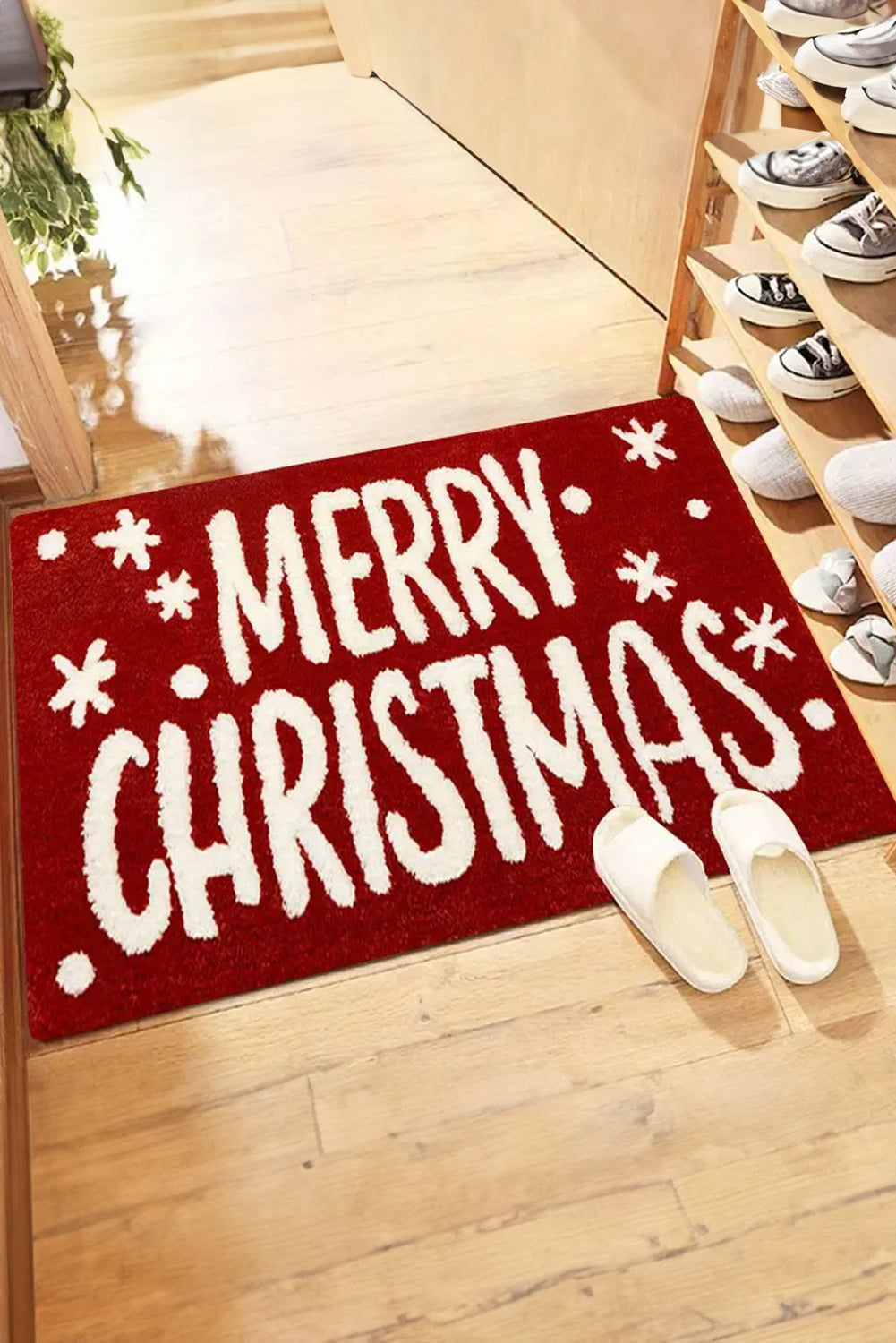 Fiery Red MERRY CHRISTMAS Plush Entrance Mat