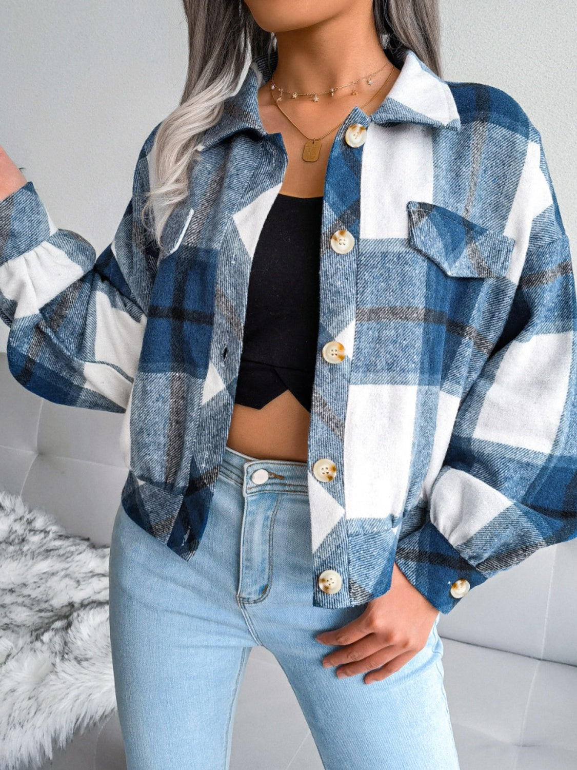 Plaid Collared Neck Long Sleeve Jacket - Cowaa