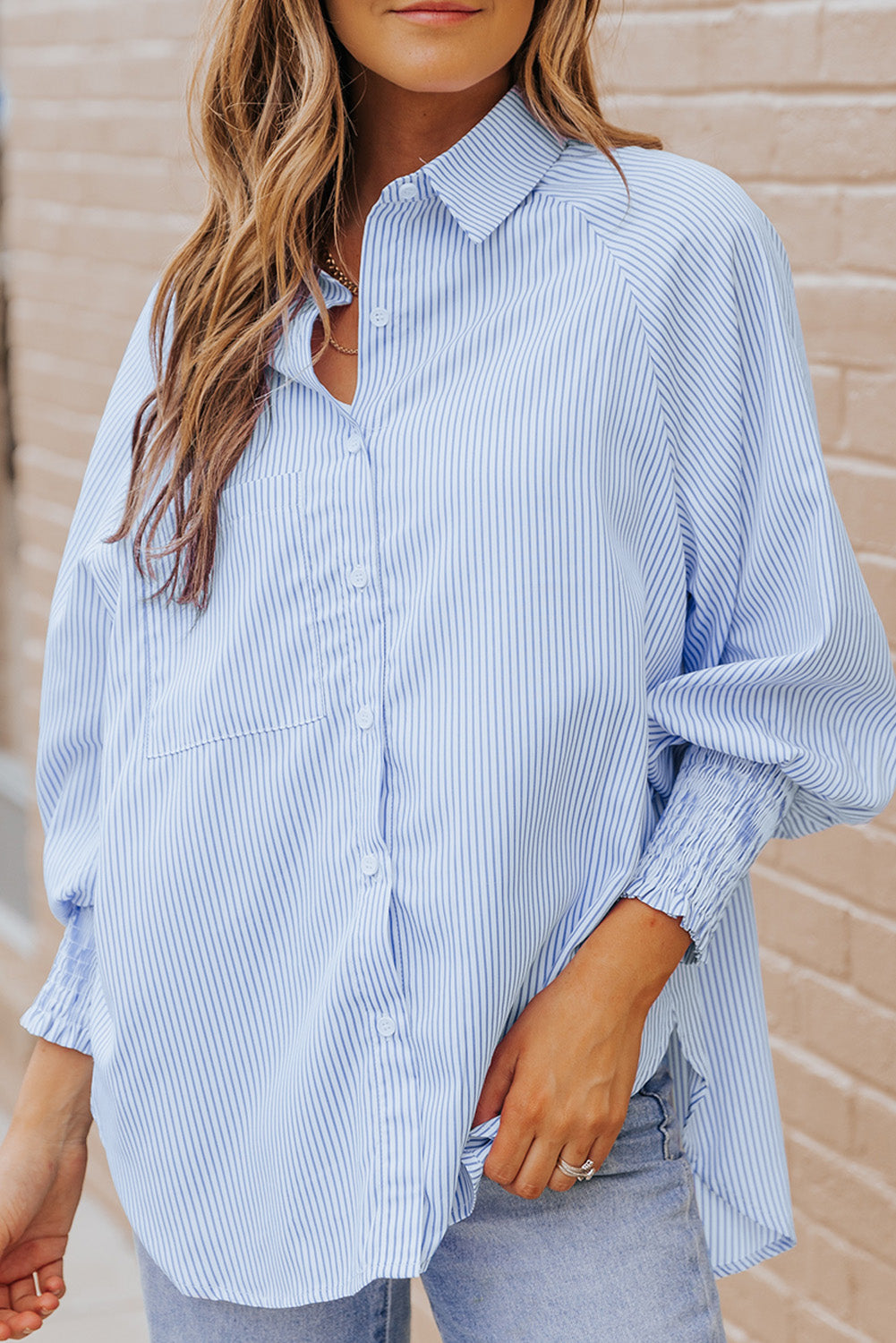 Black Striped Casual Shirred Cuffs Shirt - Cowaa