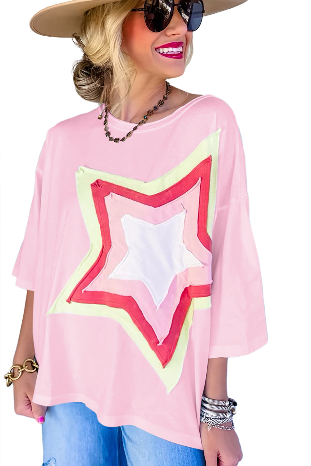 White Colorblock Star Patched Half Sleeve Oversized Tee - Cowaa
