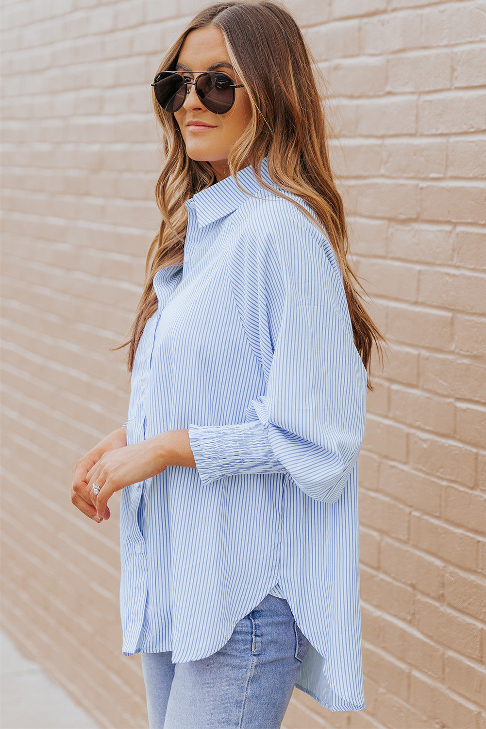 Black Striped Casual Shirred Cuffs Shirt - Cowaa