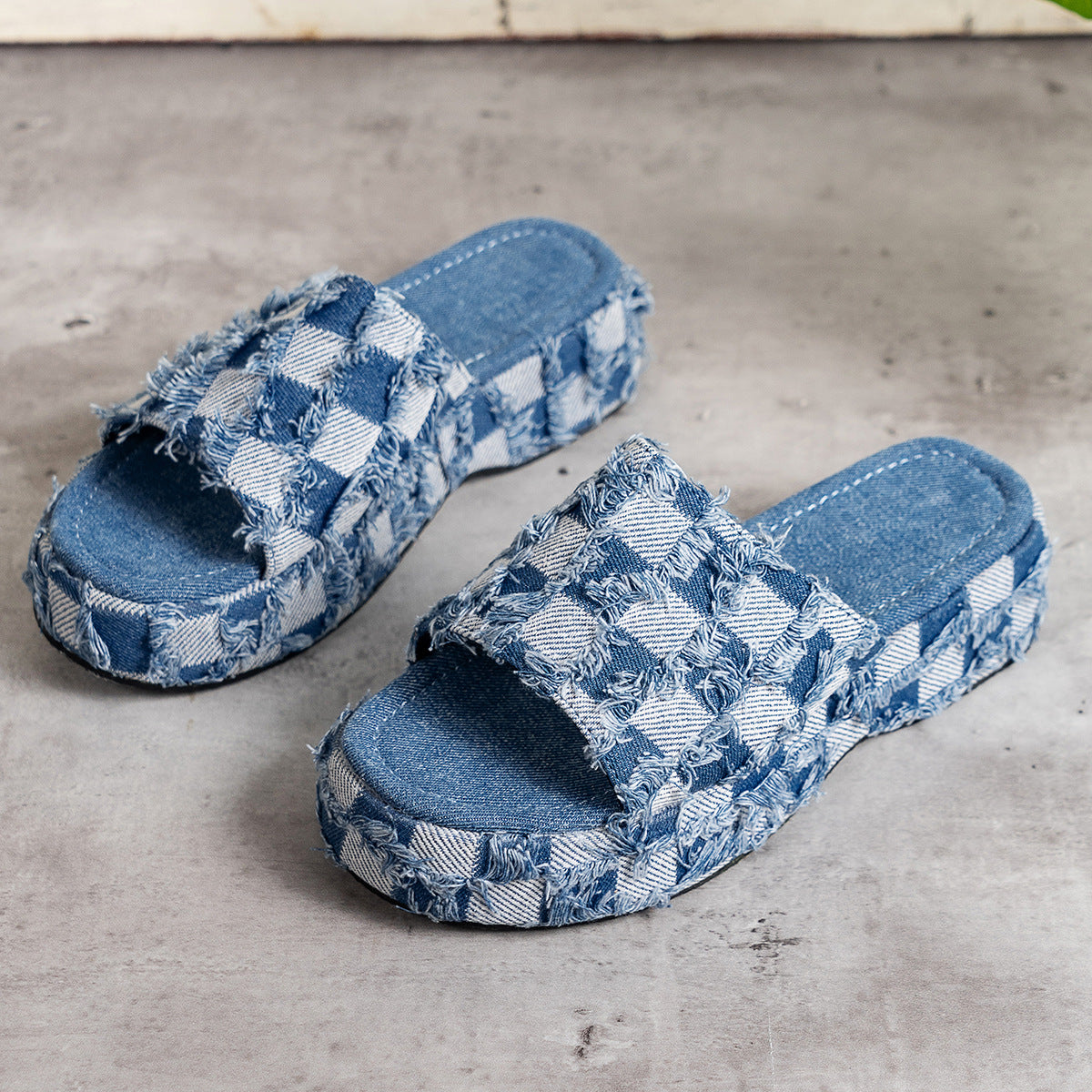 Plaid PU Leather Platform Sandals - Cowaa
