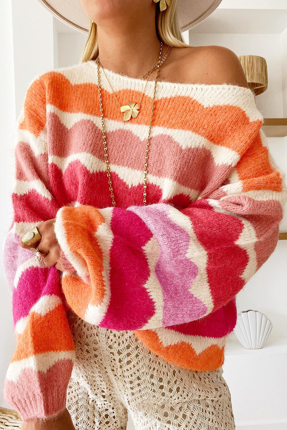 Dark Blue Wave Striped Balloon Sleeve Drop Shoulder Sweater - Cowaa