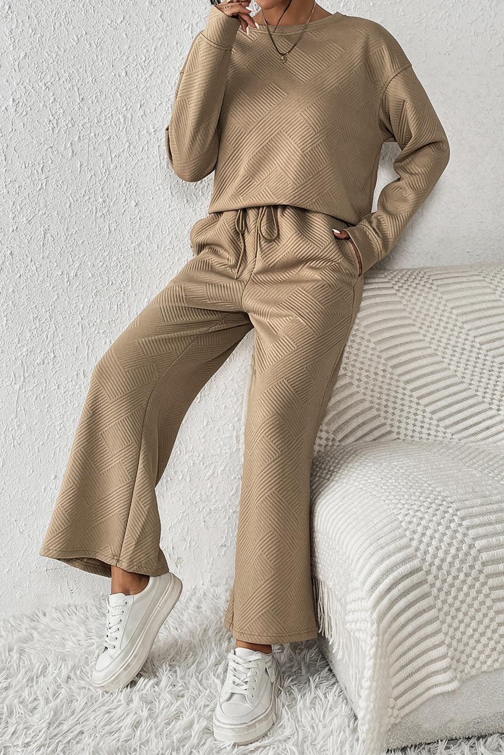 Strawberry Pink Textured Loose Slouchy Long Sleeve Top and Pants Set - Cowaa