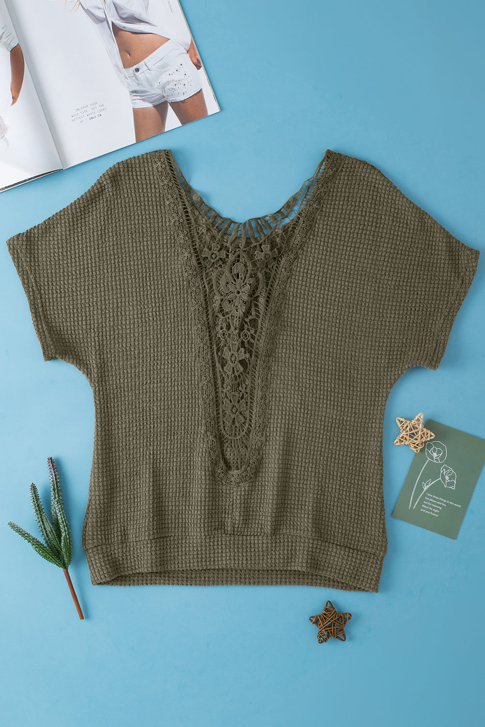 Oatmeal Guipure Lace Splicing Back Waffle Textured T-shirt - Cowaa