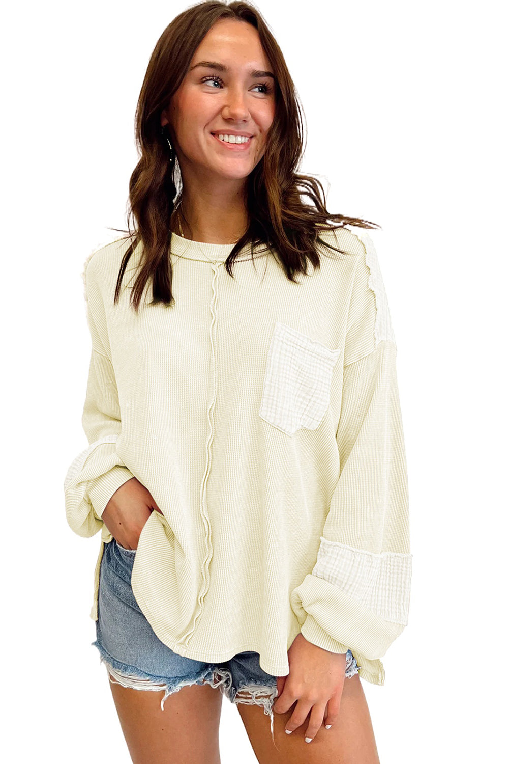 Crinkle Patchwork Long Sleeve Top - Cowaa